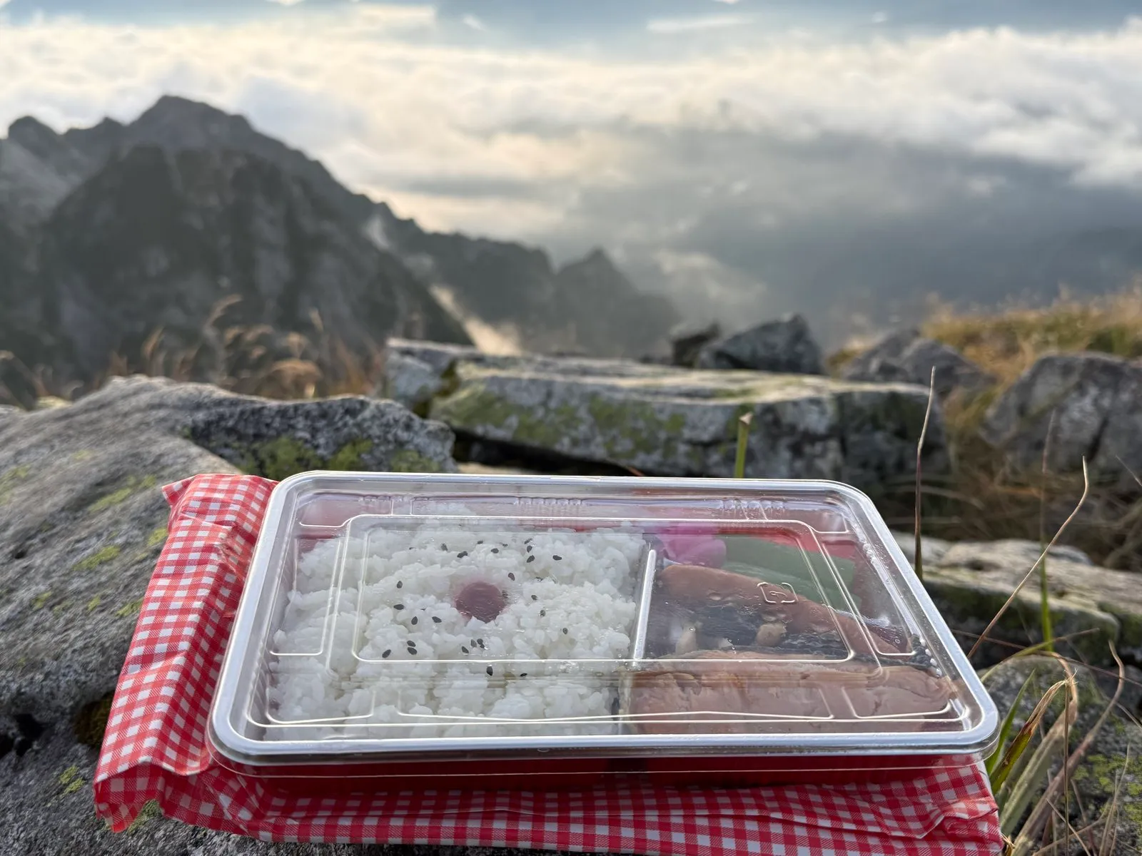 A plastic bento box of rice and side dishes on a red checked cloth, set on rocks with jagged peaks and clouds behind